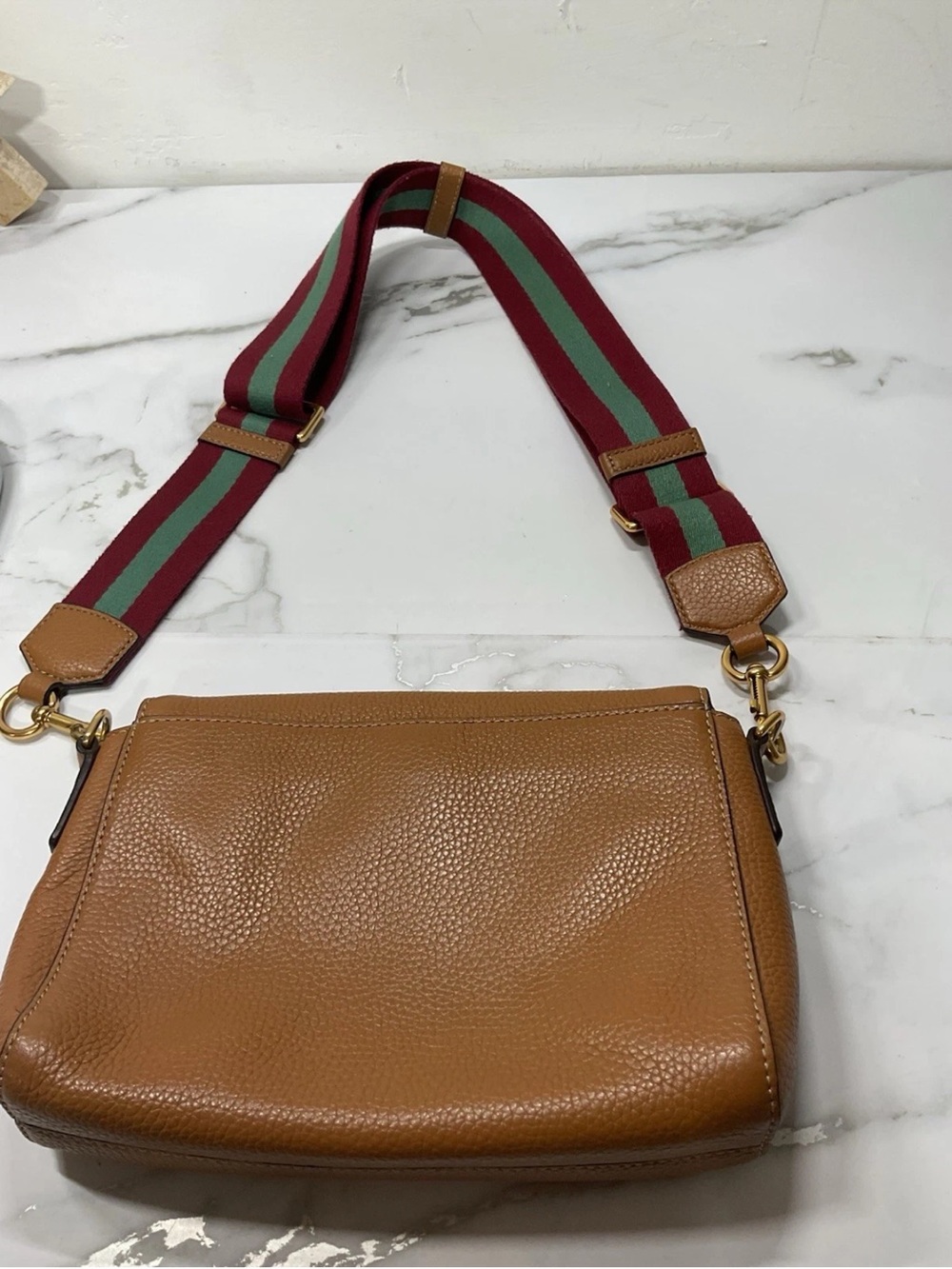 Marc Jacobs Tan Pebbled Leather Crossbody with Red and Green Striped Strap - Picture 10 of 12